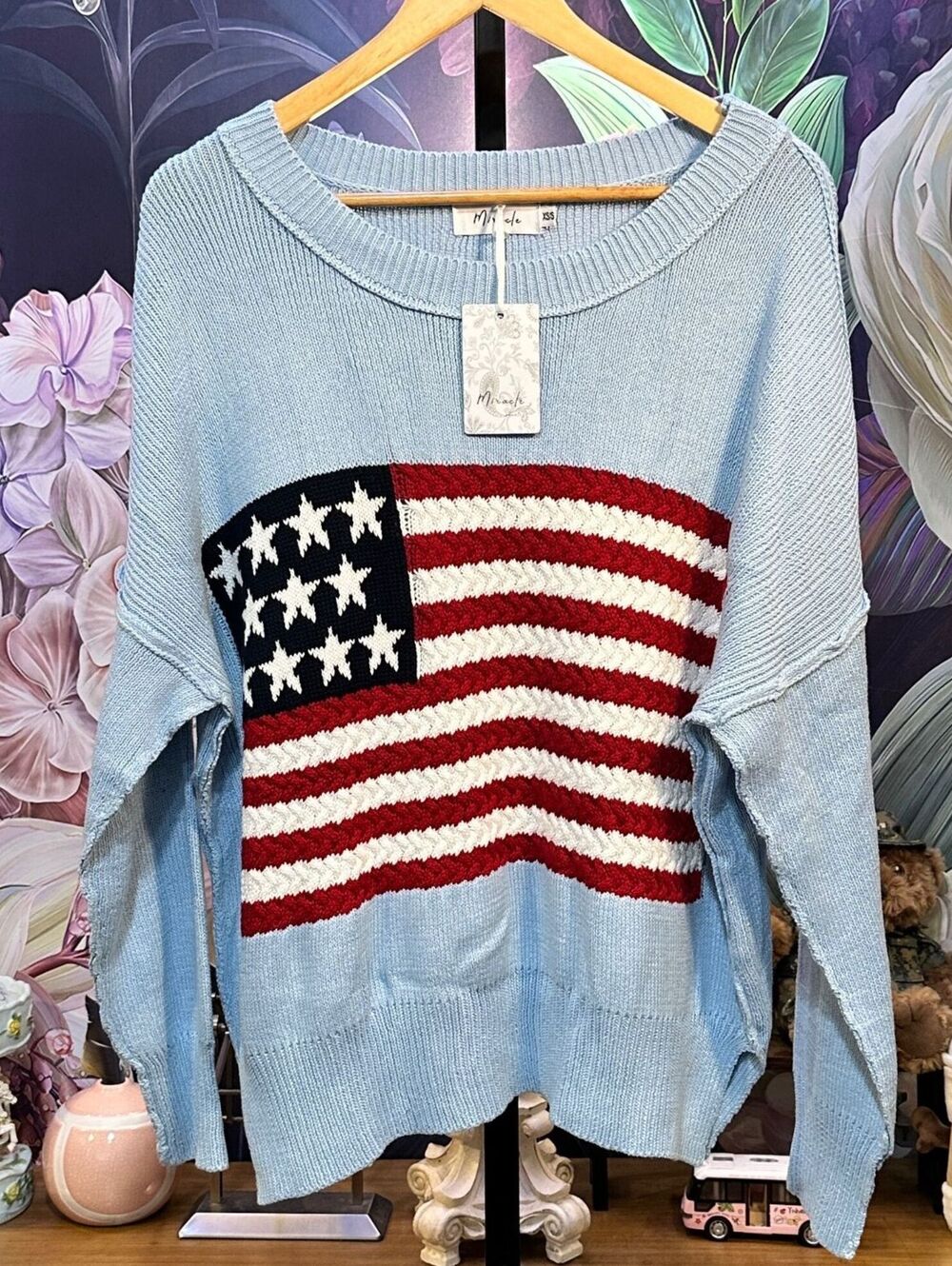 Miracle XS/S 100% Cotton NWT Oversized American Flag Knit Sweater Patriotic